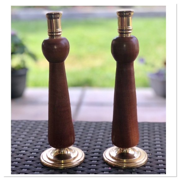 Vintage Wood and Brass Taper Candlestick Holders